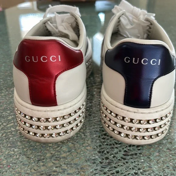 GUCCI Leather and Bee Detail with Ace Crystal Embellished Platform Sneakers - Picture 4 of 14